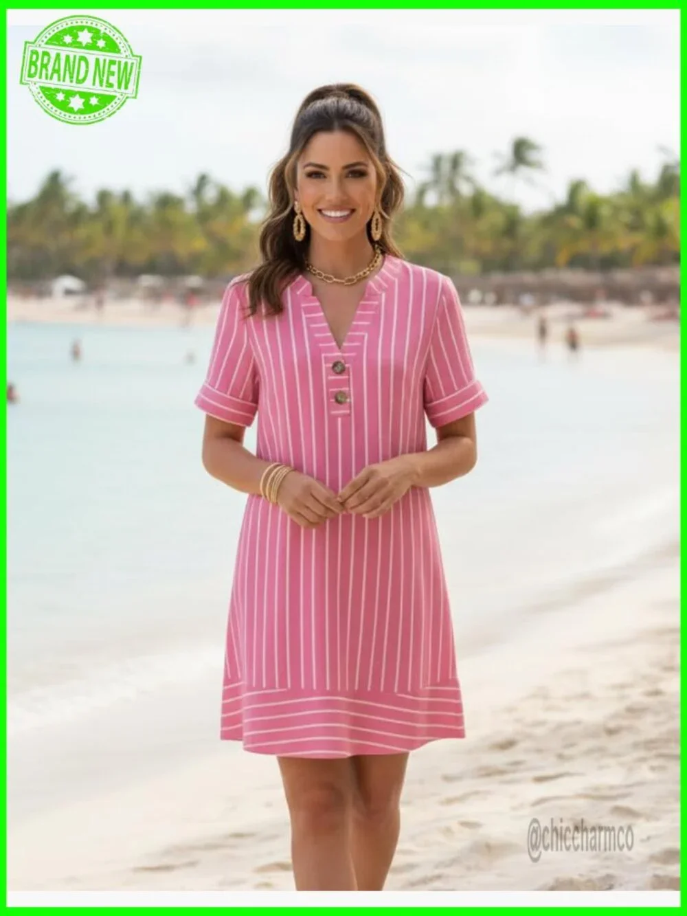 Womens Casual V Neck Short Sleeve Striped Swing Dress with Pockets - Picture 2 of 5